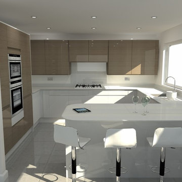 Modern White & Warm Grey Oak High Gloss Kitchen with White Quartz Worktop