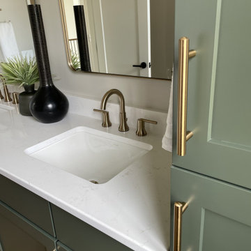 Angled Kitchen Design with Slab Style Cabinets in Pecan Stain