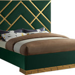 Meridian Furniture - Vector Upholstered Bed, Green, Queen, Velvet - Take your bedroom space to a whole new modern level with this Vector green velvet queen bed. Posh velvet upholstery in a lovely green color is intersected by polished gold metal in a geometric design that is nothing short of spectacular. This stunning bed has a gold metal base to finish off the presentation on a glamorous and upscale note. Full slats are included with the bed to help provide support for your mattress, and the platform footprint ensures you need no box springs or foundation to recreate this look at home.