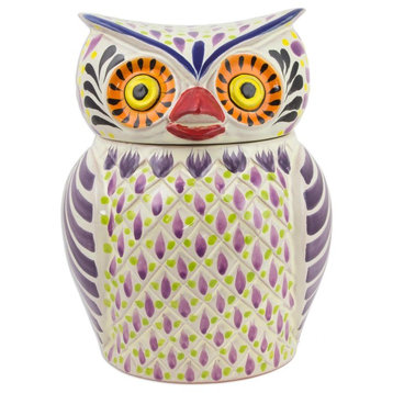 Purple Owl Majolica Ceramic Cookie Jar
