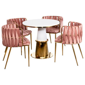 5-Piece Vanessa Dining Set, Gold/White Table, Rose Chairs