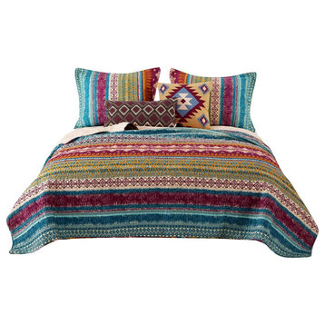Benzara BM218794 Tribal Print King Quilt Set with Decorative Pillows, Multicolor