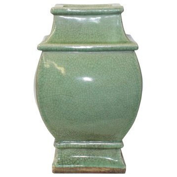 Chinese Ceramic Crackle Pattern Square Curve Body Celadon Green Vase Hws1067