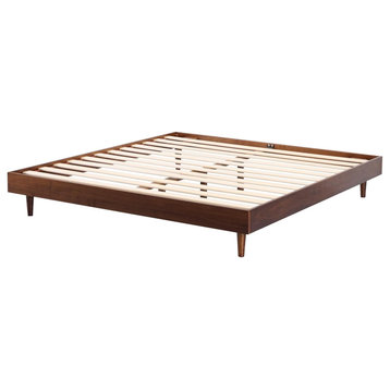 Midcentury Platform Bed, Sturdy Wood Frame With Slat Support, Dark Walnut/King
