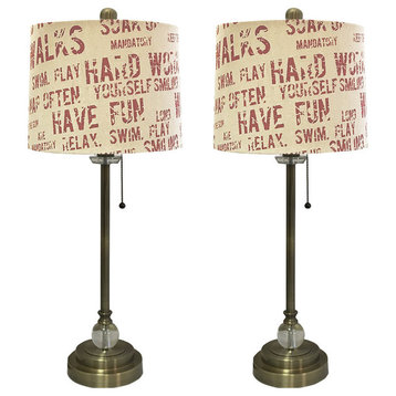 28" Crystal Lamp, Cream/Red Relaxing Phrase Drum Shade, Antique Brass, Set of 2
