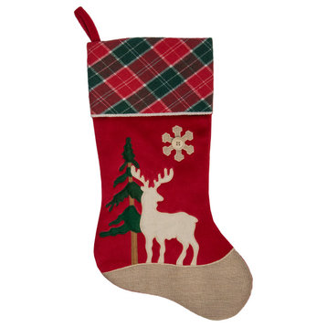 20.5" Red and Green Plaid Christmas Stocking With a Pine Tree and Moose