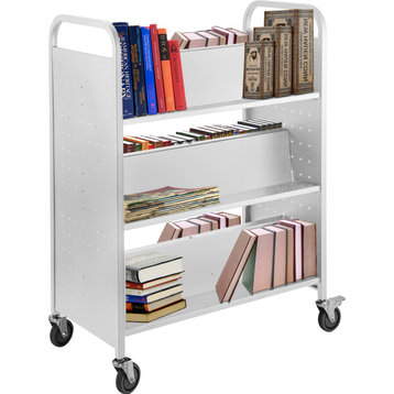Book Cart Library Cart 200lb with Double Sided W-Shaped Sloped Shelves, White
