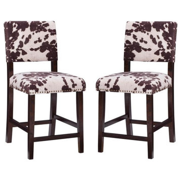 Home Square 2-Piece Furniture 24" Wood Cow Print Counter Stool Set in Brown