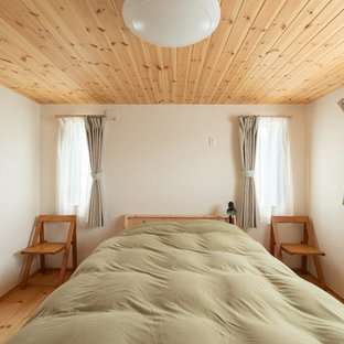 Immagine di una camera matrimoniale etnica con pareti bianche, parquet chiaro e pavimento multicolore