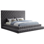 Meridian Furniture - Revel Velvet Upholstered Bed, Gray, King - Feel like royalty when you lie down in this Revel velvet bed. This king-size bed features soft grey velvet that covers every square inch, leaving behind a silky trail of beauty. The true star of the show is the deep button tufted design and extra-tall headboard, both of which serve to make this a bed fit for a queen (or king). A staggered, layered design adds to the bed's dramatic look in your room.