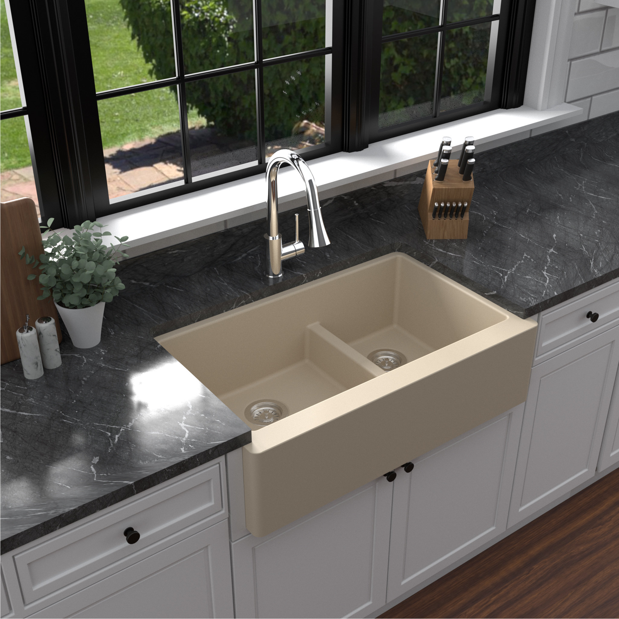 Karran Farmhouse Quartz 34" Double Offset Bowl Sink Kit, Bisque