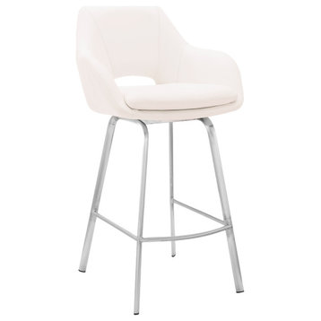 Aura Faux Leather and Metal Bar Stool, Stainless Steel and White, Bar Height - 2