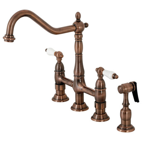 KS127PLBSAC Heritage Bridge Kitchen Faucet With Brass Sprayer, Antique Copper