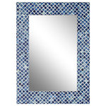 Brimfield & May - Contemporary Blue Wood Wall Mirror 22350 - This mosaic wall mirror has a coastal-inspired blue and white tile design best appreciated against a white background inside a contemporary-themed interior. This item ships in 1 carton. Cleaning requires a glass cleaner on the mirror and a slightly damp cloth on the frame. Can be hung vertically using the d-rings; nails and screws not included. Suitable for indoor use only. This item ships fully assembled in one piece. Made in India. This is a single blue colored entryway mirror. Contemporary style.