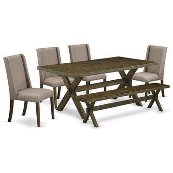 East West Furniture X-Style 6-piece Wood Dining Set in Jacobean Brown/Khaki