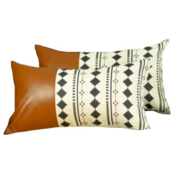 Set of 2 Diamond Patterned and Brown Faux Leather Lumbar Pillow Covers