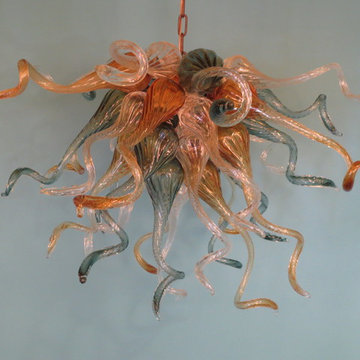 Blown Glass Chandelier - Art Glass Chandelier - Art Glass Lighting - Teal Amber