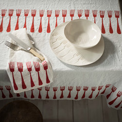 Block printed red linen tablecloth Forchette collection - Tablecloths
