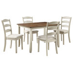 OSP Home Furnishings - West Lake 47� 5-Piece Dining Table Set With Tobacco Finish Top and Cream Base - Create the perfect place for gathering, with our traditional 5-piece dining set. Attractive two-tone style provides a beautiful classic farmhouse feel, thanks to a natural woodgrain veneer top and lightly distressed painted frame. Durable rubberwood solid block and brace construction ensures leisurely dining and conversations for years to come. Chairs feature high, comfortable backs, padded 100% Polyester upholstered seats and tapered leg. Set includes table and 4 matching chairs.