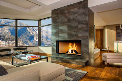 Inspiration for a modern medium tone wood floor living room remodel in Denver with a standard fireplace and a stone fireplace