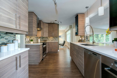 Mid-sized contemporary galley separate kitchen in Other with a double-bowl sink, flat-panel cabinets, light wood cabinets, quartz benchtops, multi-coloured splashback, matchstick tile splashback, stainless steel appliances, medium hardwood floors, no island, brown floor and white benchtop.