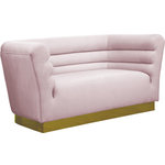 Meridian Furniture - Bellini Velvet Upholstered Loveseat, Pink - Add a bit of pizzazz to your living space with this Bellini Pink Velvet Loveseat from Meridian Furniture. Rich pink velvet upholstery offers you a luxurious place to curl up with a good book or rest in front of the TV after a long day, while horizontal channel tufting creates texture and style. Its gold stainless steel base provides solid support, while adding to the loveseat's contemporary appearance. Its uniquely curved shape makes this piece a perfect addition to any room in your modern home.