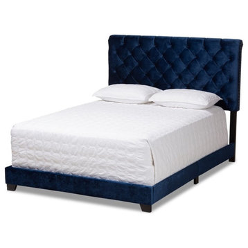 Baxton Studio Candace Velvet Tufted King Bed in Navy