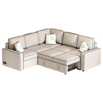 Comfortable Sectional Sleeper Sofa, Linen Upholstered Seat With USB Ports, Cream