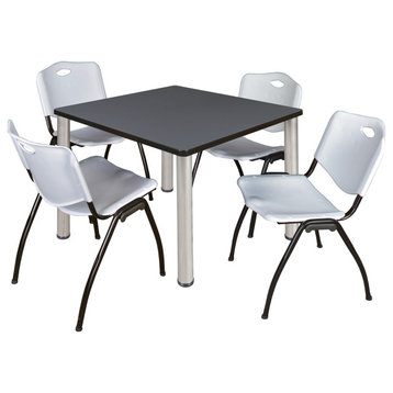 Kee 42" Square Breakroom Table- Grey/ Chrome & 4 'M' Stack Chairs- Grey