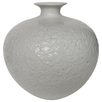 Vase Vintage Curly Vine Pomegranate White Ceramic Carved Handmade H