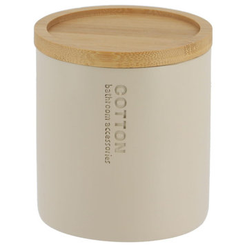 Stylish Matte Beige Cotton Pad Holder With Natural Bamboo Lid Polyresin