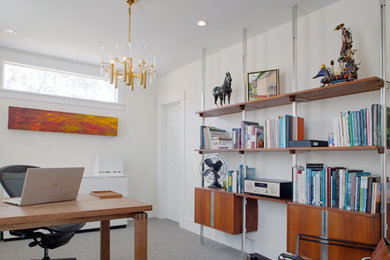Inspiration for a mid-sized contemporary freestanding desk carpeted and gray floor study room remodel in Other with white walls