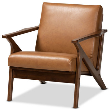 Bianca Mid-Century Brown Finished Wood and Tan Faux Leather Effect Lounge Chair