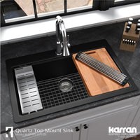 Karran Top Mount 33" Single Bowl Quartz Workstation Kitchen Sink, Black