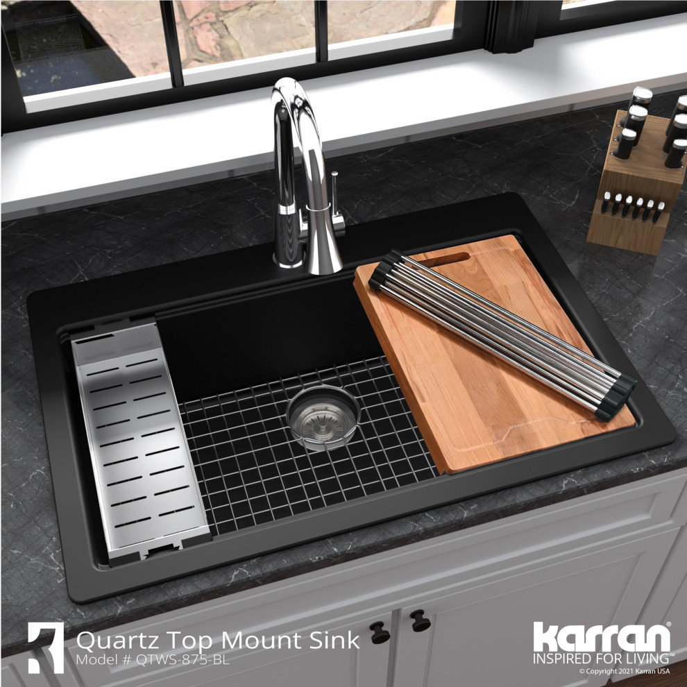 Karran Top Mount 33" Single Bowl Quartz Workstation Kitchen Sink, Black