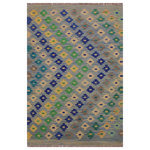 Bareens Designer Rugs - Eclectic Turkish Kilim Celestin Hand-Woven Wool Rug - 2'8'' x 4'1'' - Elevate the elegance of your home with this stunning hand-woven tribal Kilim wool rug. Meticulously crafted on a loom by the Nomad Turkman people using hand-spun wool and 100% natural vegetable dyes, these rugs are recognized for their repetitive geometric patterns, incorporating naturalistic floral and traditional designs. The contemporary fashion palette results in bold, sharp patterns that are incredibly versatile, as the pattern is the same on both sides. These reversible rugs feature a lighter shade on one side and brighter colors on the other, providing versatility according to preference. These unique rugs are made by knotting short strands of different colors onto the warps and securing them by tightly pressing the wefts. The designs are created by interweaving the various colored wefts and warps. Kilims are known for their exceptional durability and versatility, making them truly unique rugs.  Product Details    Rug Size: 2'8'' x 4'1''  Material: 100% Wool  Style: Kilim, Flat Weave, Dhurrie, Turkish, Southwestern, Rustic, Tribal  Colors: Blue, Grey, Green, Teal  Weave Type: Hand-Woven, Handmade  Pile Height: Less than 0.25 inch