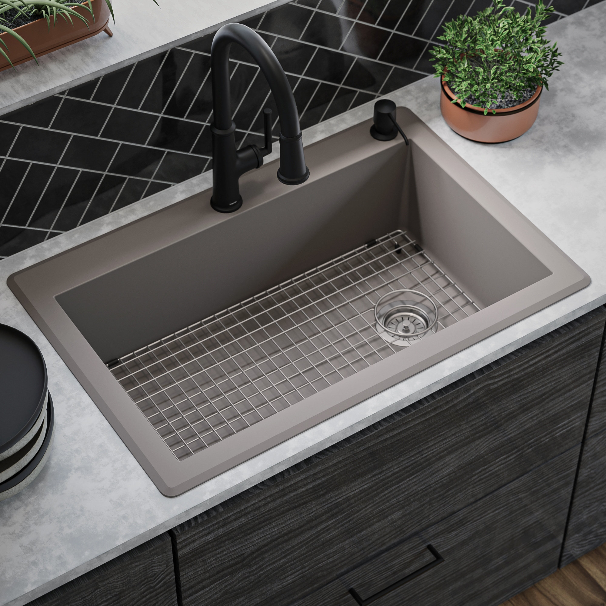 Karran Drop-In Quartz 33" 1-Hole Single Bowl Kitchen Sink Kit, Concrete