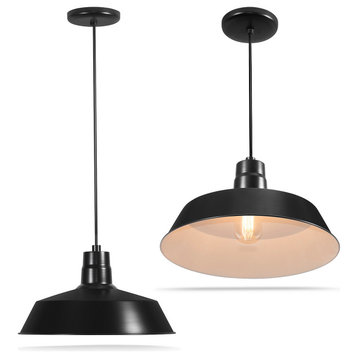 14-inch Pendant Barn Light Fixture, Ceiling-Mounted Vintage Hanging Light, Satin Black, 2-Pack