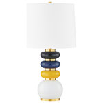 Mitzi - 1 Light Table Lamp, Aged Brass - A mod mix of materials, colors, and shapes, this accent lamp adds a fun and stylish pop to any tabletop. The base is a series of stacked rings, alternating between Aged Brass and ceramic in beautiful shades of yellow, blue, and black. A white linen shade and Aged Brass finial balance out the look. Part of our Home Ec. x Mitzi Tastemakers collection.