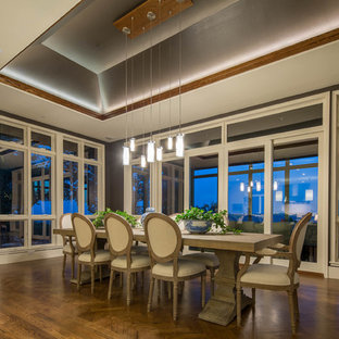 オースティンの広いトランジショナルスタイルのLDKの画像 (グレーの壁、淡色無垢フローリング、暖炉なし)