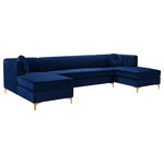 Meridian Furniture - Graham Velvet 3pc. Sectional, Navy - Sit back and get comfy on this navy velvet Graham three-piece sectional sofa. Plush navy velvet with a channel tufted back creates a contemporary display that is sure to be the focal point of your living room. This double chaise sectional features an inner width of 25 inches and outer width of 32 inches, with a width of 67 inches between both chaises, offering ample space for you and your loved ones to cuddle up and watch a movie after a long day. This sectional comes with complete sets of gold and chrome legs, so you can customize it to suit your existing decor.