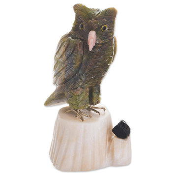 Novica Handmade Verdant Owl Gemstone Sculpture