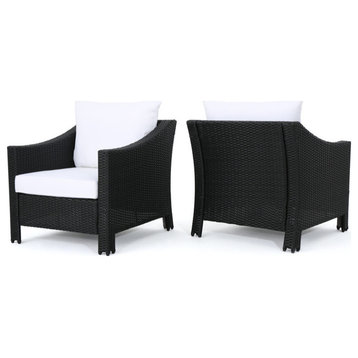 GDF Studio Dione Outdoor Black Wicker Club Chairs With White Cushions, Set of 2