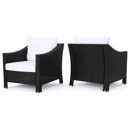 GDF Studio Dione Outdoor Black Wicker Club Chairs With White Cushions, Set of 2