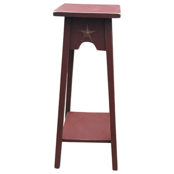 Primitive Pine Square Side Table/Plant Stand With Rustic Star, Burgundy