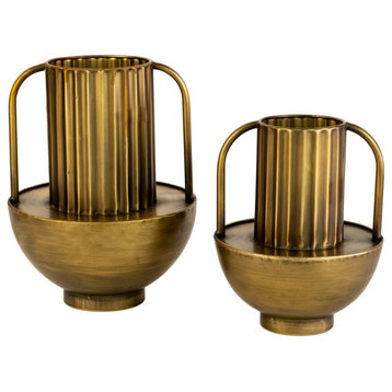 Set of Two Metal Antique Brass Vases with Handles