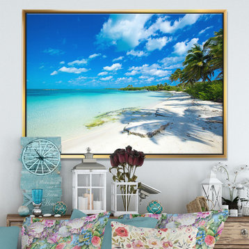 Designart Tropical Beach Palm Shadows Large Framed Canvas Print, Gold, 46x36
