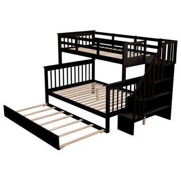 Gewnee Wood Twin-Over-Full Bunk Bed with Trundle and Stairway, Espresso