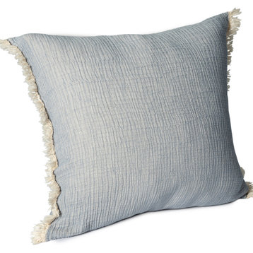 Cream/ Beige Solid Fringed Organic Turkish Cotton Throw Pillow, Blue