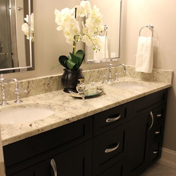 Transitional Bathroom with Black Vanity Cabinets & Polished Chrome Fixtures